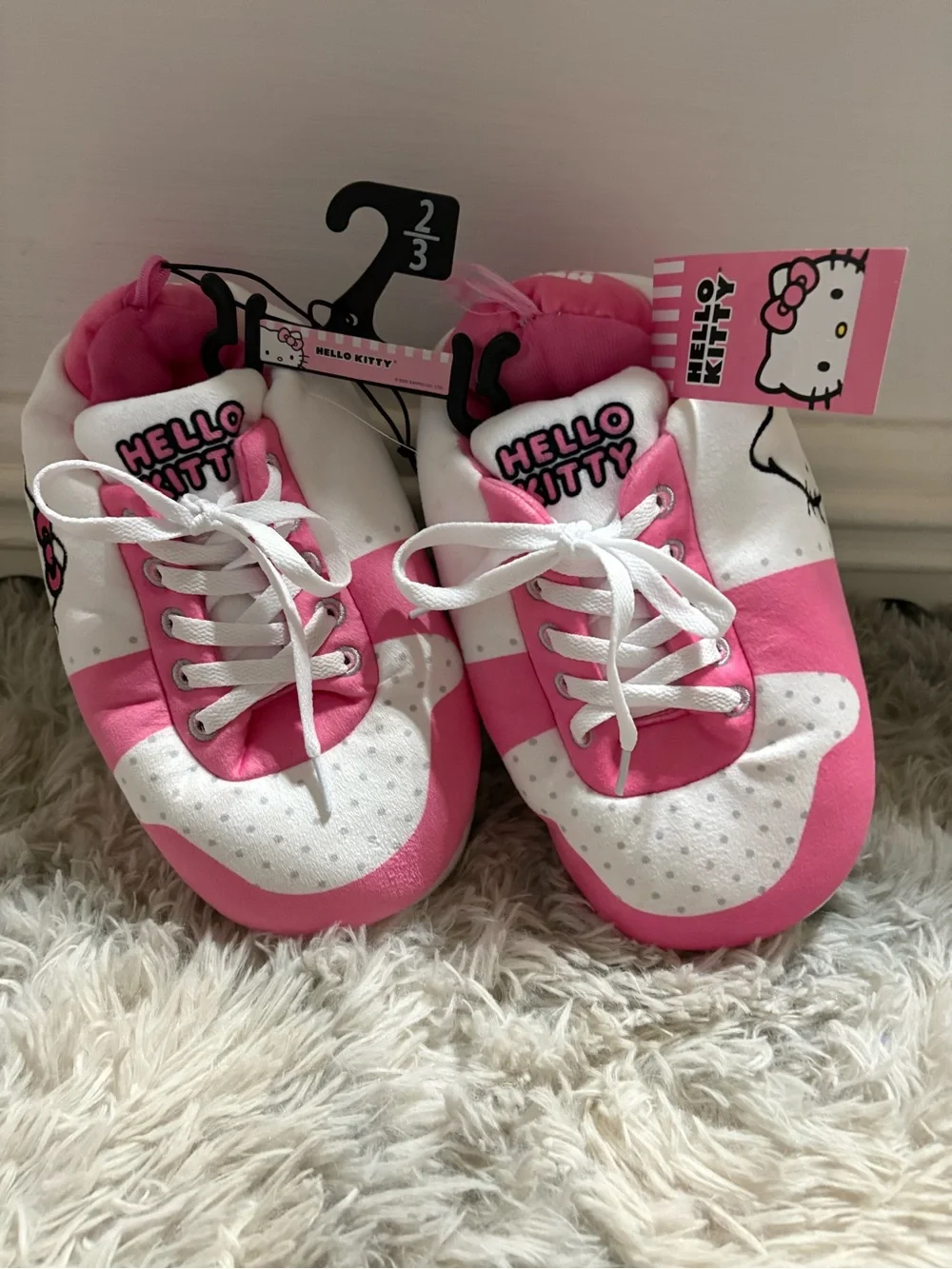 Hello Kitty Pink and White Kids Plush Lace-Up Slippers Sz 2-3